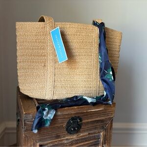 Draper James Tan Woven Tote with Blue Magnolia Scarf